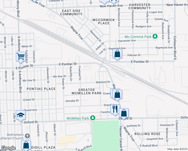 map of restaurants, bars, coffee shops, grocery stores, and more near 2817 Larwill Court in Fort Wayne