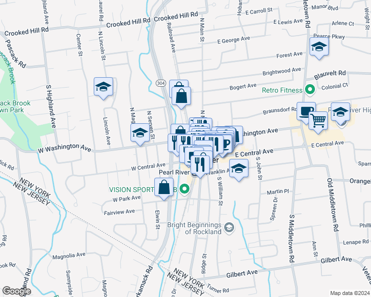 map of restaurants, bars, coffee shops, grocery stores, and more near 21 West Central Avenue in Pearl River