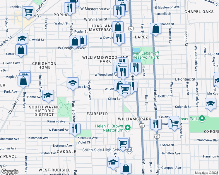 map of restaurants, bars, coffee shops, grocery stores, and more near 214 West Leith Street in Fort Wayne