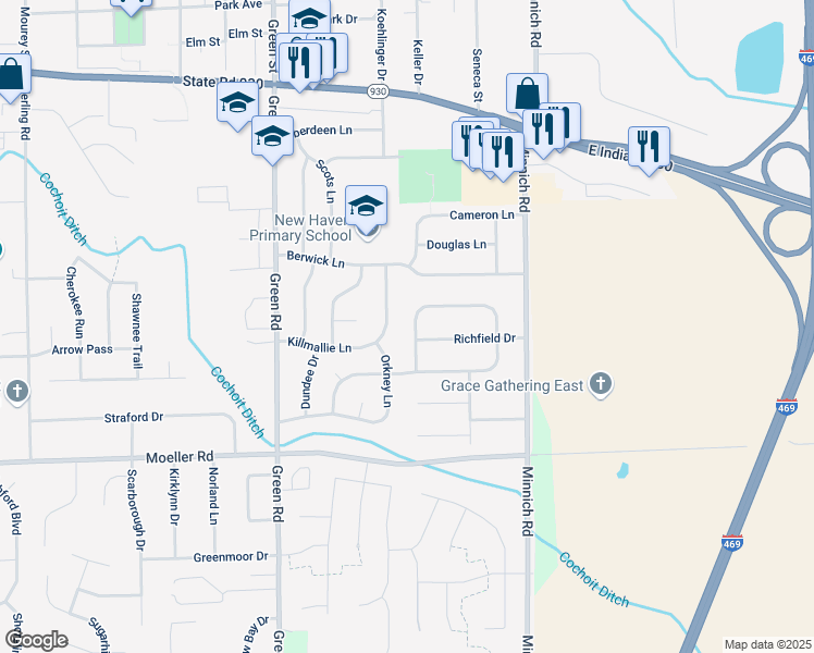 map of restaurants, bars, coffee shops, grocery stores, and more near 1705 Richfield Drive in New Haven