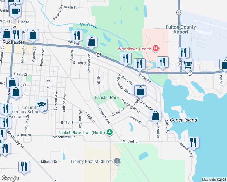 map of restaurants, bars, coffee shops, grocery stores, and more near 1300 Washington Street in Rochester