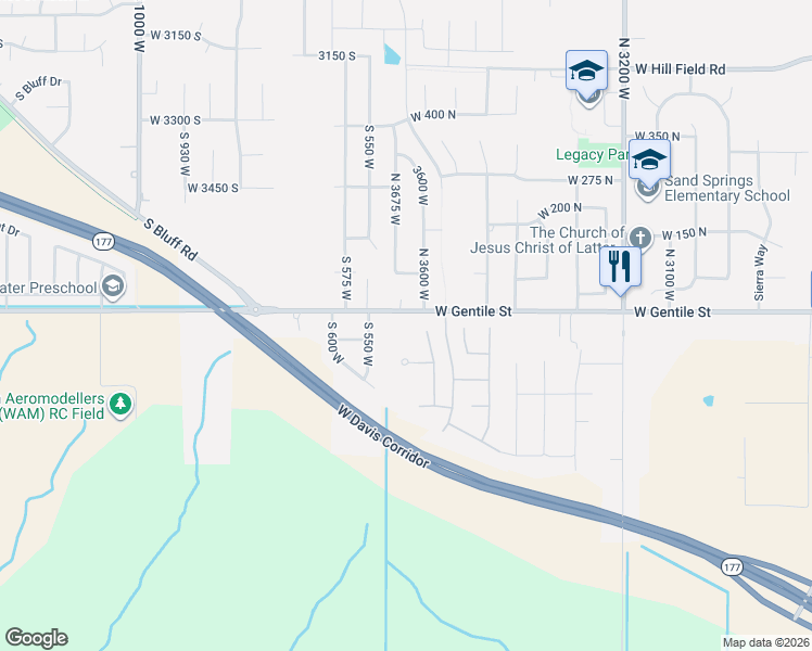 map of restaurants, bars, coffee shops, grocery stores, and more near 3645 West Gentile Street in Layton