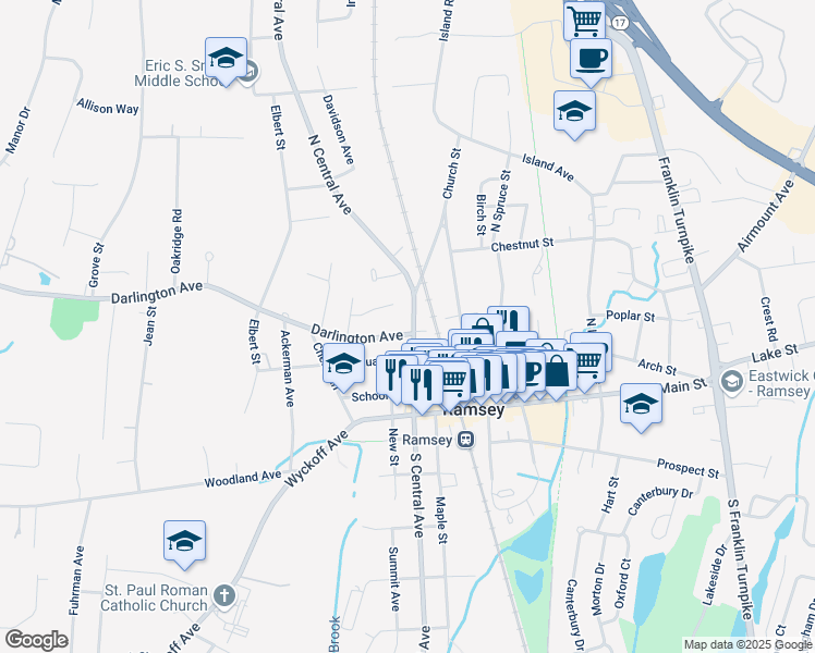 map of restaurants, bars, coffee shops, grocery stores, and more near 75 North Central Avenue in Ramsey