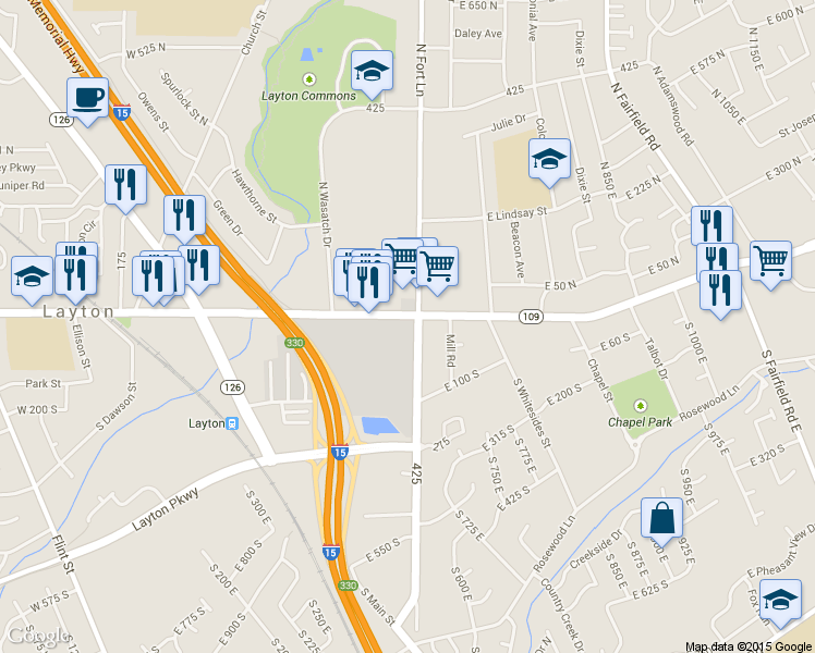 map of restaurants, bars, coffee shops, grocery stores, and more near 414 East Gentile Street in Layton