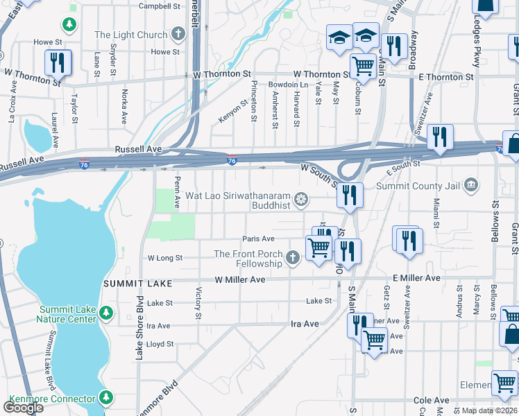 map of restaurants, bars, coffee shops, grocery stores, and more near 150 West Crosier Street in Akron