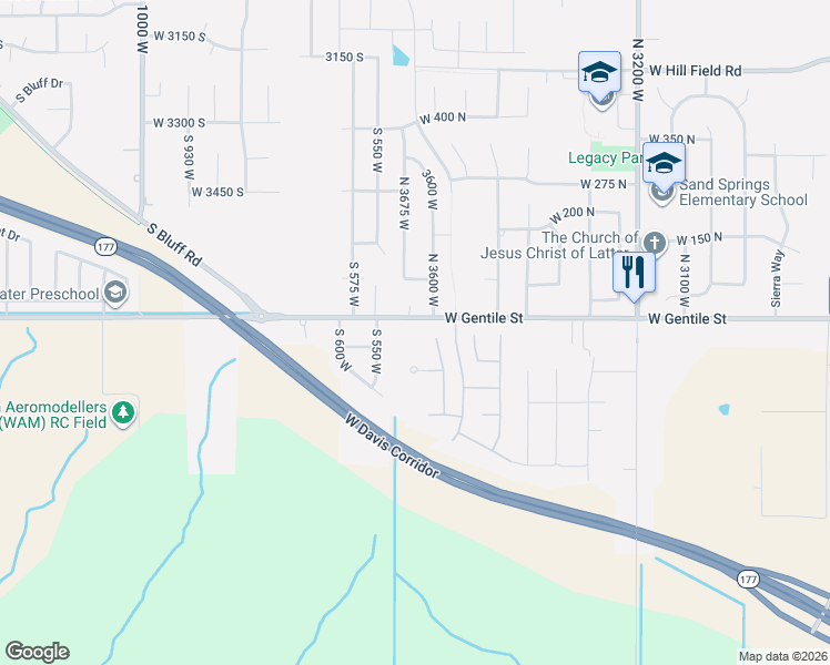 map of restaurants, bars, coffee shops, grocery stores, and more near 3645 West Gentile Street in Layton