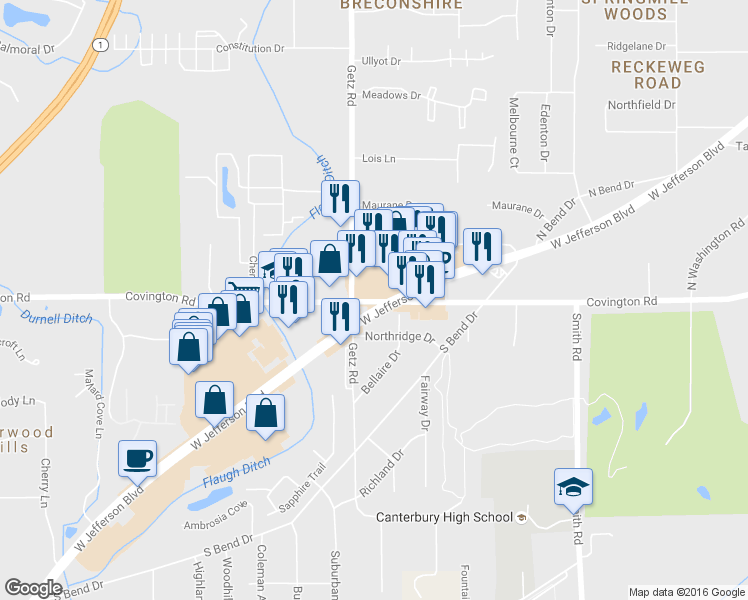 map of restaurants, bars, coffee shops, grocery stores, and more near 6040 Covington Road in Fort Wayne