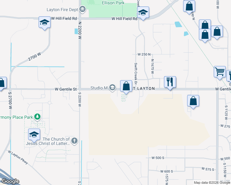 map of restaurants, bars, coffee shops, grocery stores, and more near 1941 West Gentile Street in Layton
