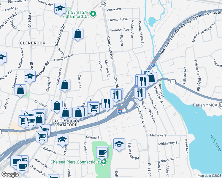 map of restaurants, bars, coffee shops, grocery stores, and more near 38 Courtland Avenue in Stamford