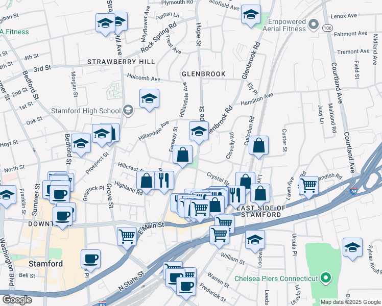 map of restaurants, bars, coffee shops, grocery stores, and more near 131 Glenbrook Road in Stamford