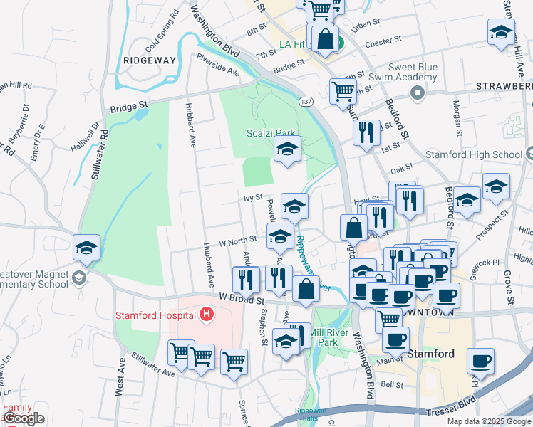 map of restaurants, bars, coffee shops, grocery stores, and more near 18 Powell Place in Stamford