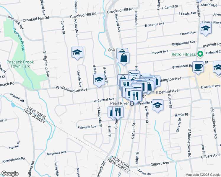 map of restaurants, bars, coffee shops, grocery stores, and more near 20 North Serven Street in Pearl River