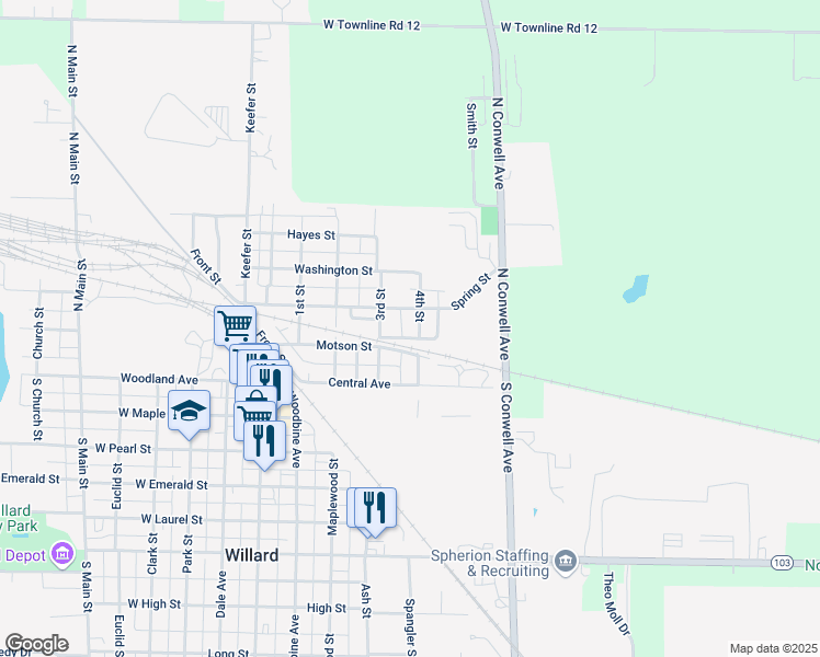 map of restaurants, bars, coffee shops, grocery stores, and more near 108 3rd Street in Willard