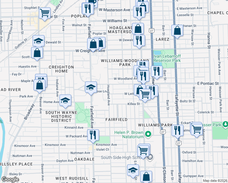 map of restaurants, bars, coffee shops, grocery stores, and more near 325 West Leith Street in Fort Wayne