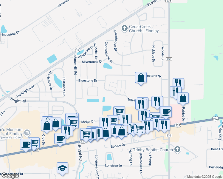 map of restaurants, bars, coffee shops, grocery stores, and more near 2120 Milestone Drive in Findlay