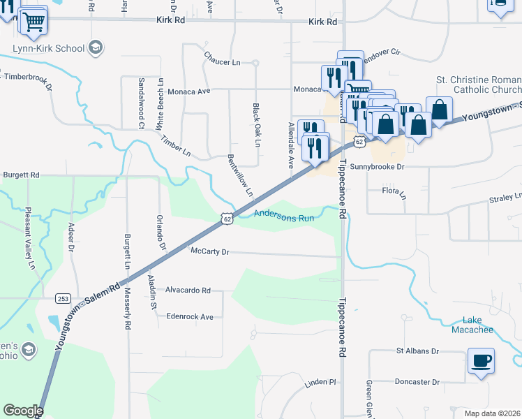 map of restaurants, bars, coffee shops, grocery stores, and more near 4115 Canfield Road in Canfield