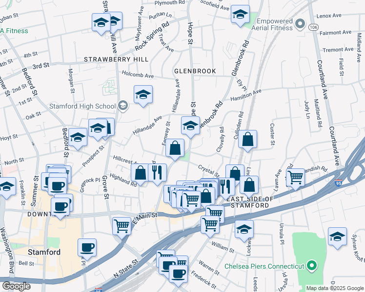 map of restaurants, bars, coffee shops, grocery stores, and more near 131 Glenbrook Road in Stamford