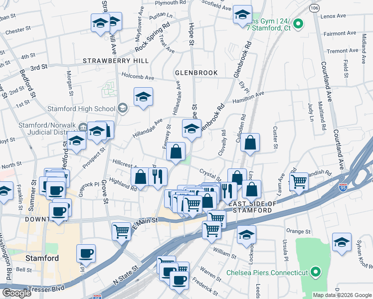 map of restaurants, bars, coffee shops, grocery stores, and more near 160 Glenbrook Road in Stamford