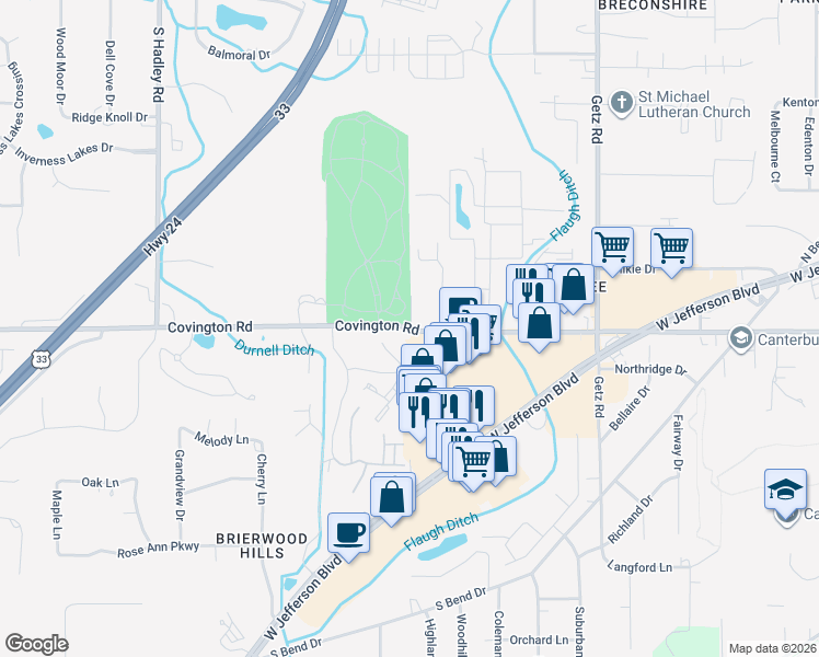 map of restaurants, bars, coffee shops, grocery stores, and more near 6601 Covington Road in Fort Wayne
