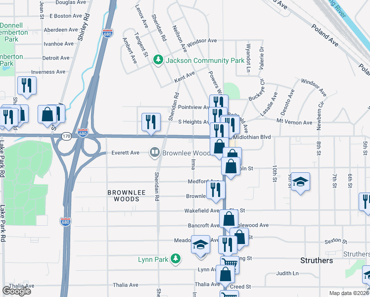 map of restaurants, bars, coffee shops, grocery stores, and more near 1954 Everett Avenue in Youngstown