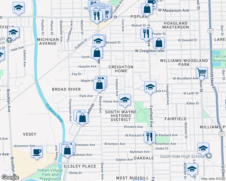 map of restaurants, bars, coffee shops, grocery stores, and more near 912 Savilla Avenue in Fort Wayne