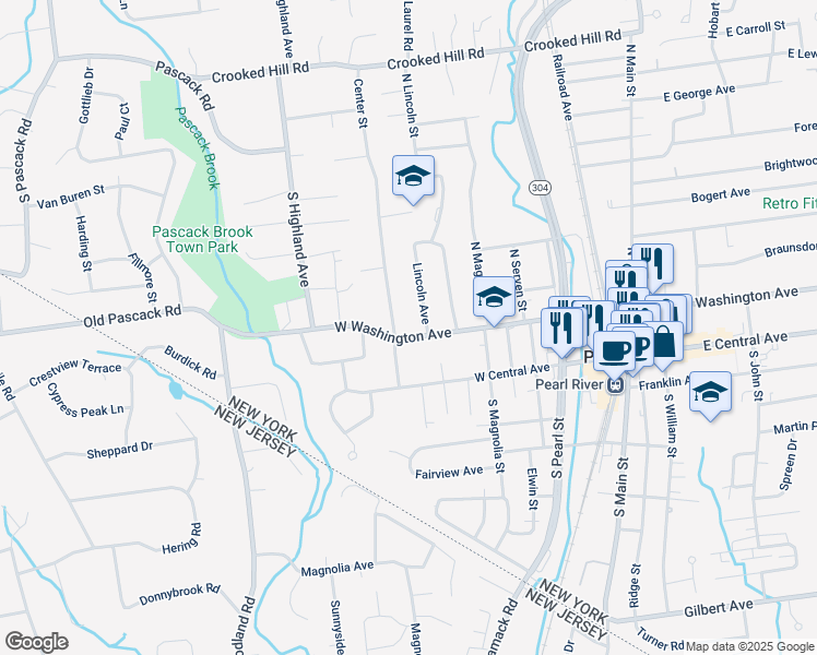 map of restaurants, bars, coffee shops, grocery stores, and more near 30 Center Street in Pearl River