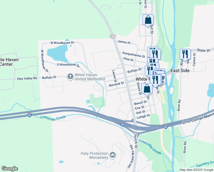 map of restaurants, bars, coffee shops, grocery stores, and more near 615 Berwick Street in White Haven