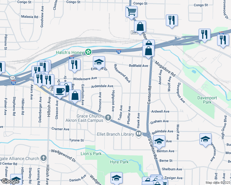 map of restaurants, bars, coffee shops, grocery stores, and more near 163 Highpoint Avenue in Akron
