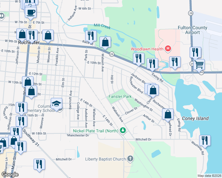 map of restaurants, bars, coffee shops, grocery stores, and more near Brown Avenue in Rochester