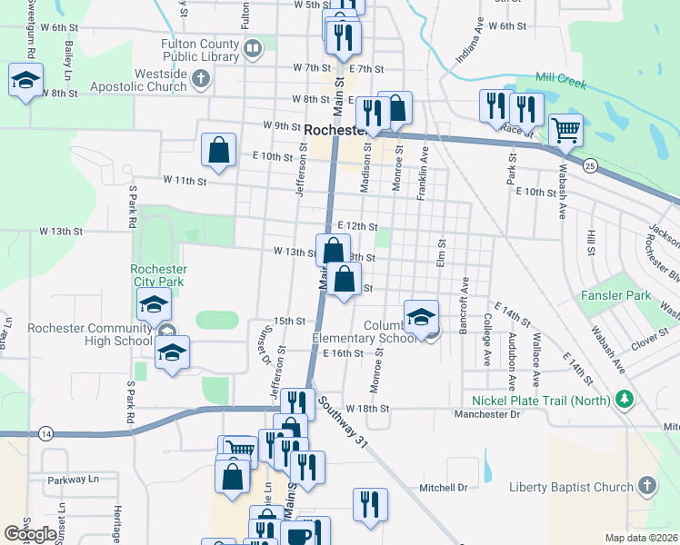 map of restaurants, bars, coffee shops, grocery stores, and more near 157-199 East 14th Street in Rochester
