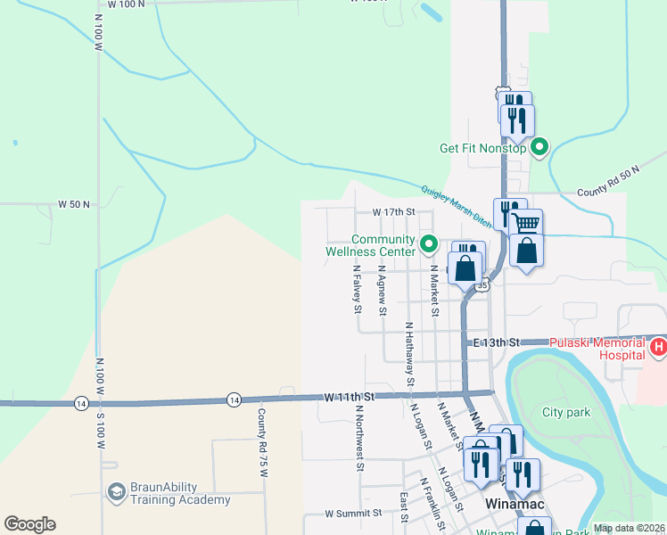 map of restaurants, bars, coffee shops, grocery stores, and more near 110 Parish Parkway in Winamac