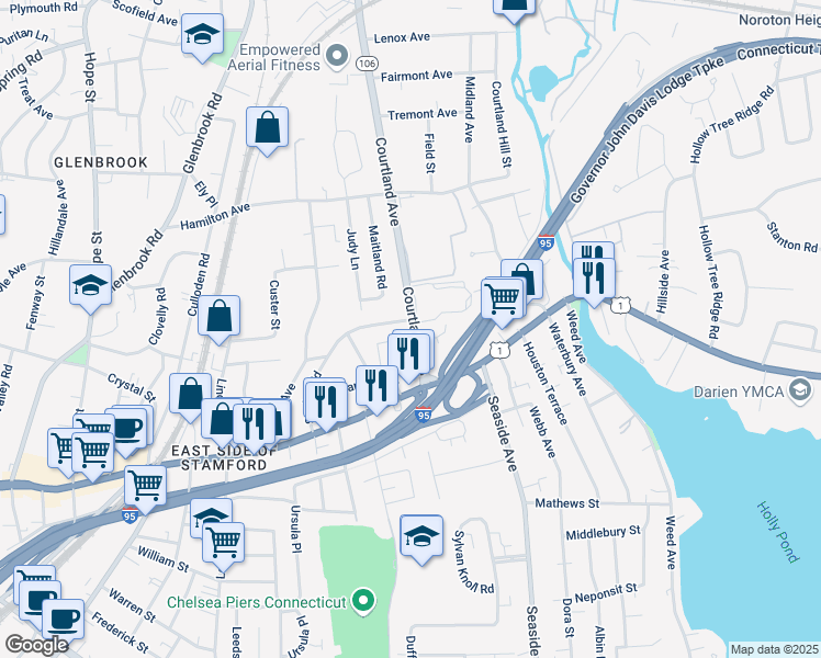 map of restaurants, bars, coffee shops, grocery stores, and more near 32 Courtland Avenue in Stamford
