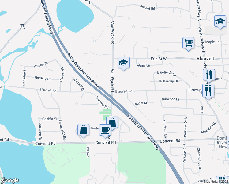 map of restaurants, bars, coffee shops, grocery stores, and more near 109 Van Wyck Road in Blauvelt