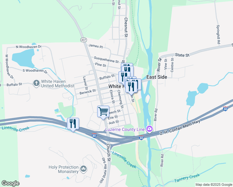 map of restaurants, bars, coffee shops, grocery stores, and more near 400 Elmira Street in White Haven
