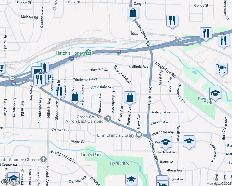 map of restaurants, bars, coffee shops, grocery stores, and more near 163 Highpoint Avenue in Akron