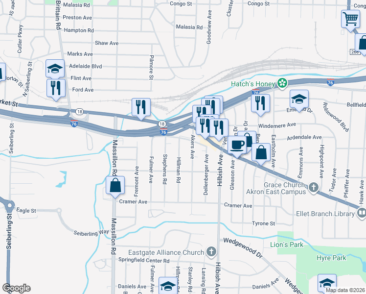 map of restaurants, bars, coffee shops, grocery stores, and more near 60 Akers Avenue in Akron