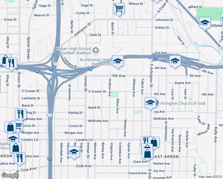 map of restaurants, bars, coffee shops, grocery stores, and more near 916 East Crosier Street in Akron