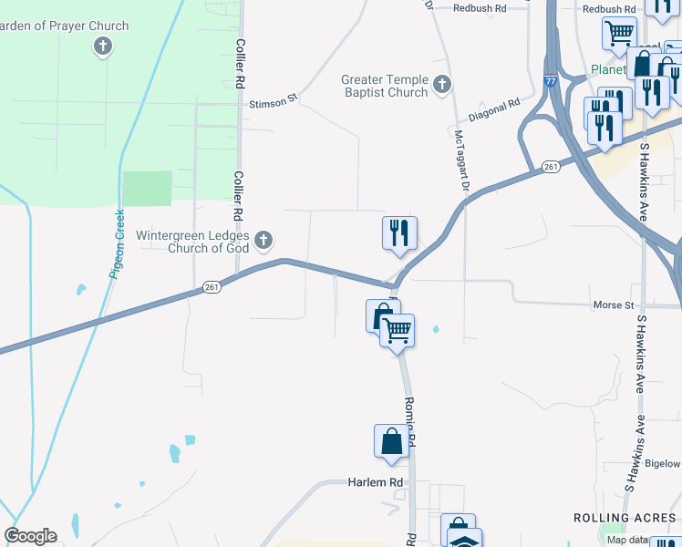 map of restaurants, bars, coffee shops, grocery stores, and more near 1760 Vernon Odom Boulevard in Akron