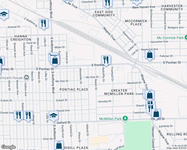map of restaurants, bars, coffee shops, grocery stores, and more near 2328 Mc Kee Street in Fort Wayne