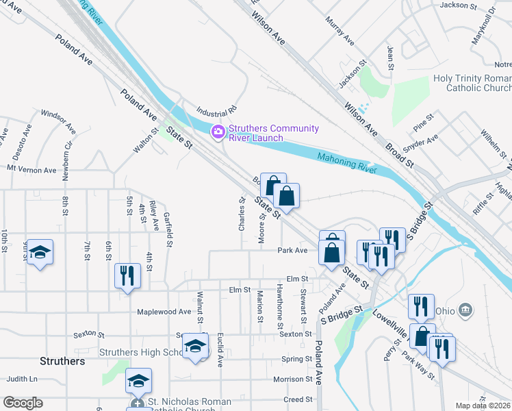 map of restaurants, bars, coffee shops, grocery stores, and more near 236 State Street in Struthers