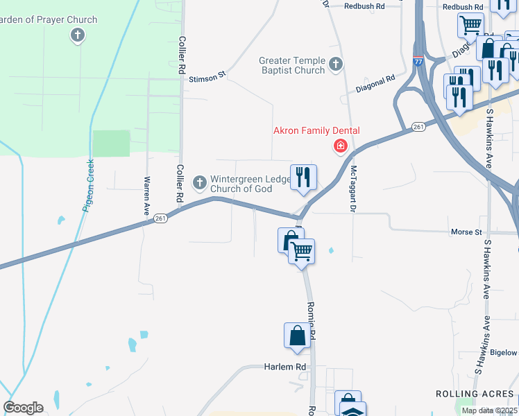 map of restaurants, bars, coffee shops, grocery stores, and more near 1791 Vernon Odom Boulevard in Akron