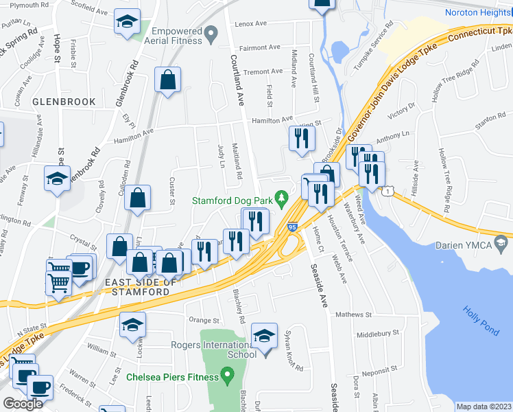 map of restaurants, bars, coffee shops, grocery stores, and more near 50 Courtland Avenue in Stamford