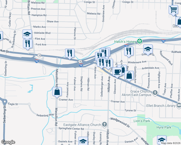 map of restaurants, bars, coffee shops, grocery stores, and more near 60 Akers Avenue in Akron