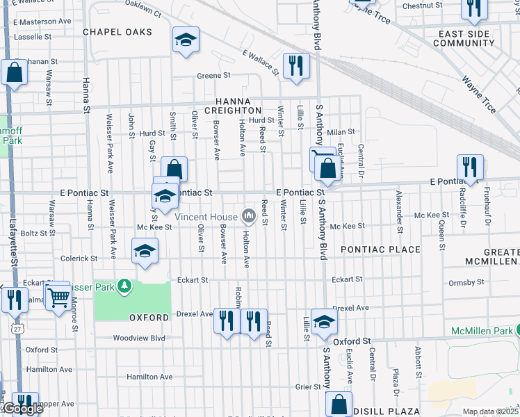 map of restaurants, bars, coffee shops, grocery stores, and more near 2724 Reed Street in Fort Wayne