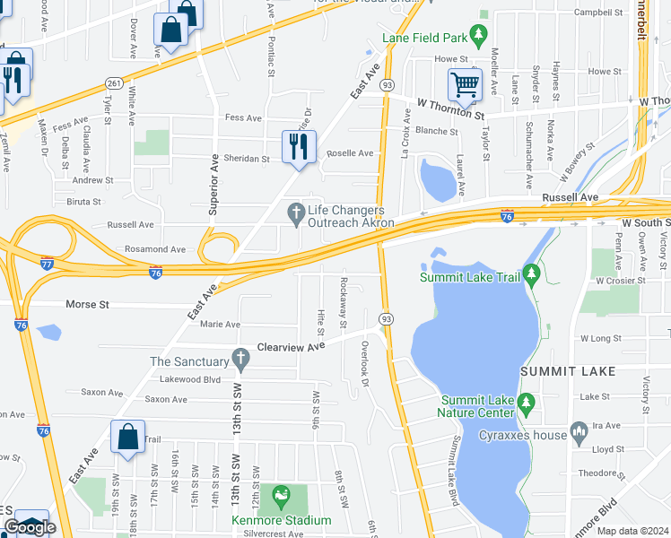 map of restaurants, bars, coffee shops, grocery stores, and more near 669 Lakemont Avenue in Akron