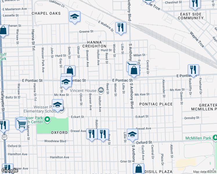 map of restaurants, bars, coffee shops, grocery stores, and more near 2820 Reed Street in Fort Wayne