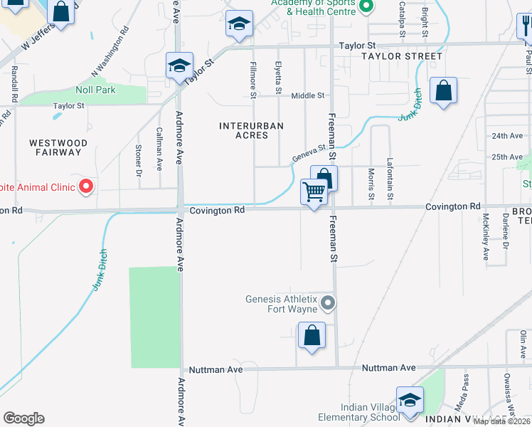 map of restaurants, bars, coffee shops, grocery stores, and more near 3425 Covington Road in Fort Wayne