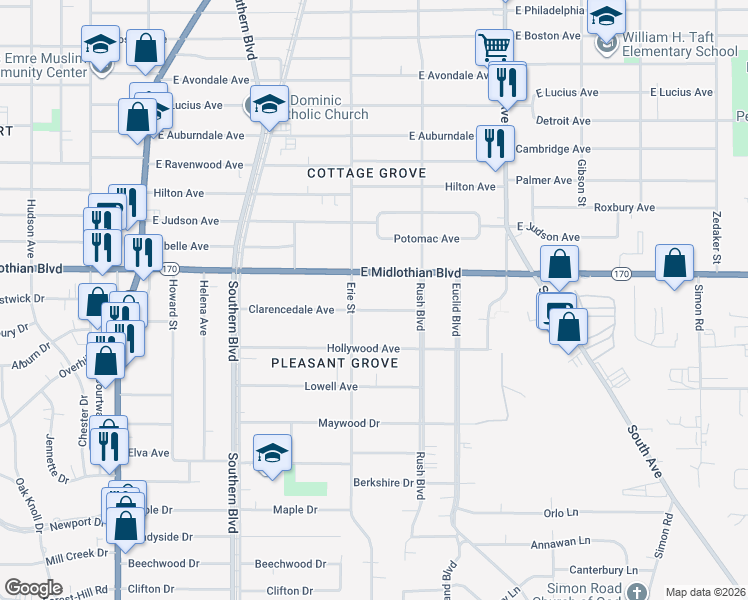 map of restaurants, bars, coffee shops, grocery stores, and more near 219 Clarencedale Avenue in Youngstown