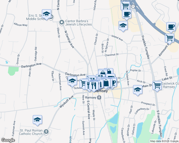 map of restaurants, bars, coffee shops, grocery stores, and more near 70 North Central Avenue in Ramsey