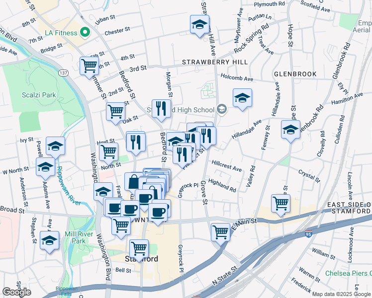 map of restaurants, bars, coffee shops, grocery stores, and more near 123 Hoyt Street in Stamford